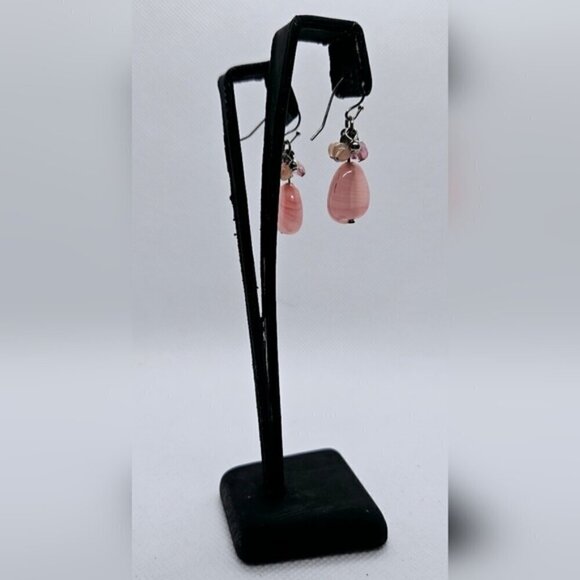 Rose Quartz Cluster Silvertone Earrings - Picture 6 of 6